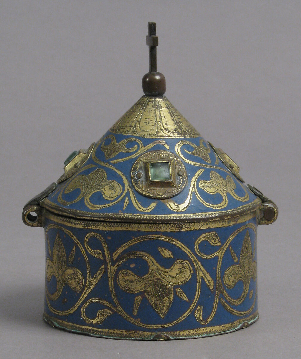 Pyx, Champlevé enamel, copper-gilt, glass paste cabochons, French