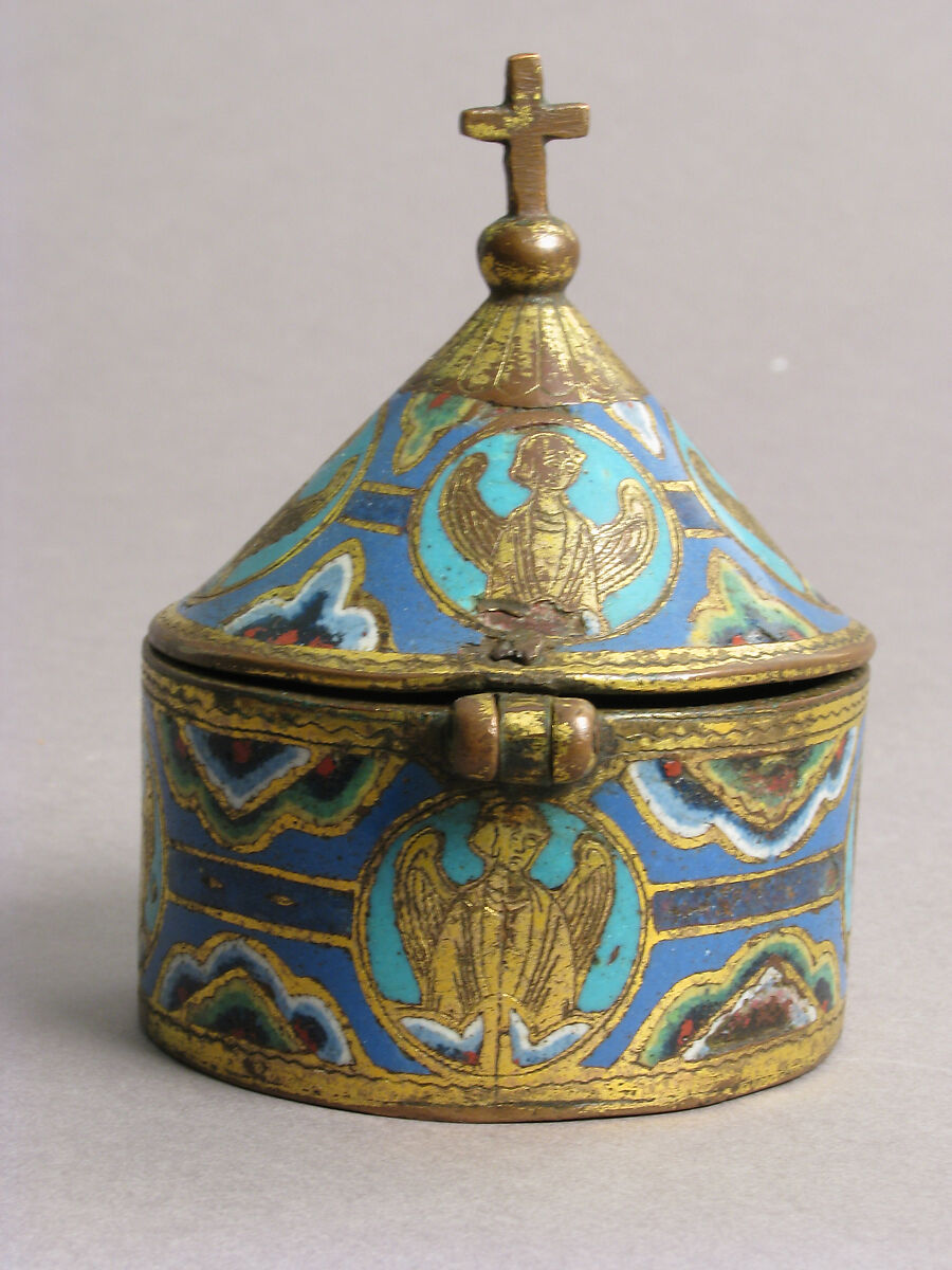 Pyx, Copper: engraved and gilt; champlevé enamel: blue-black; dark, medium and light blue; turquoise, green, yellow, red, and white, French