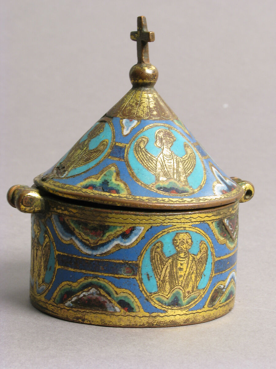 Pyx, Copper: engraved and gilt; champlevé enamel: blue-black; dark, medium and light blue; turquoise, green, yellow, red, and white, French