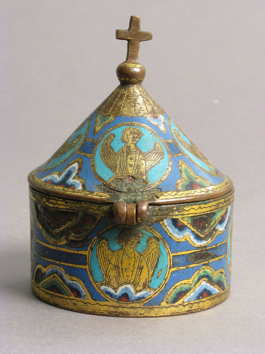 Pyx, Copper: engraved and gilt; champlevé enamel: blue-black; dark, medium and light blue; turquoise, green, yellow, red, and white, French 