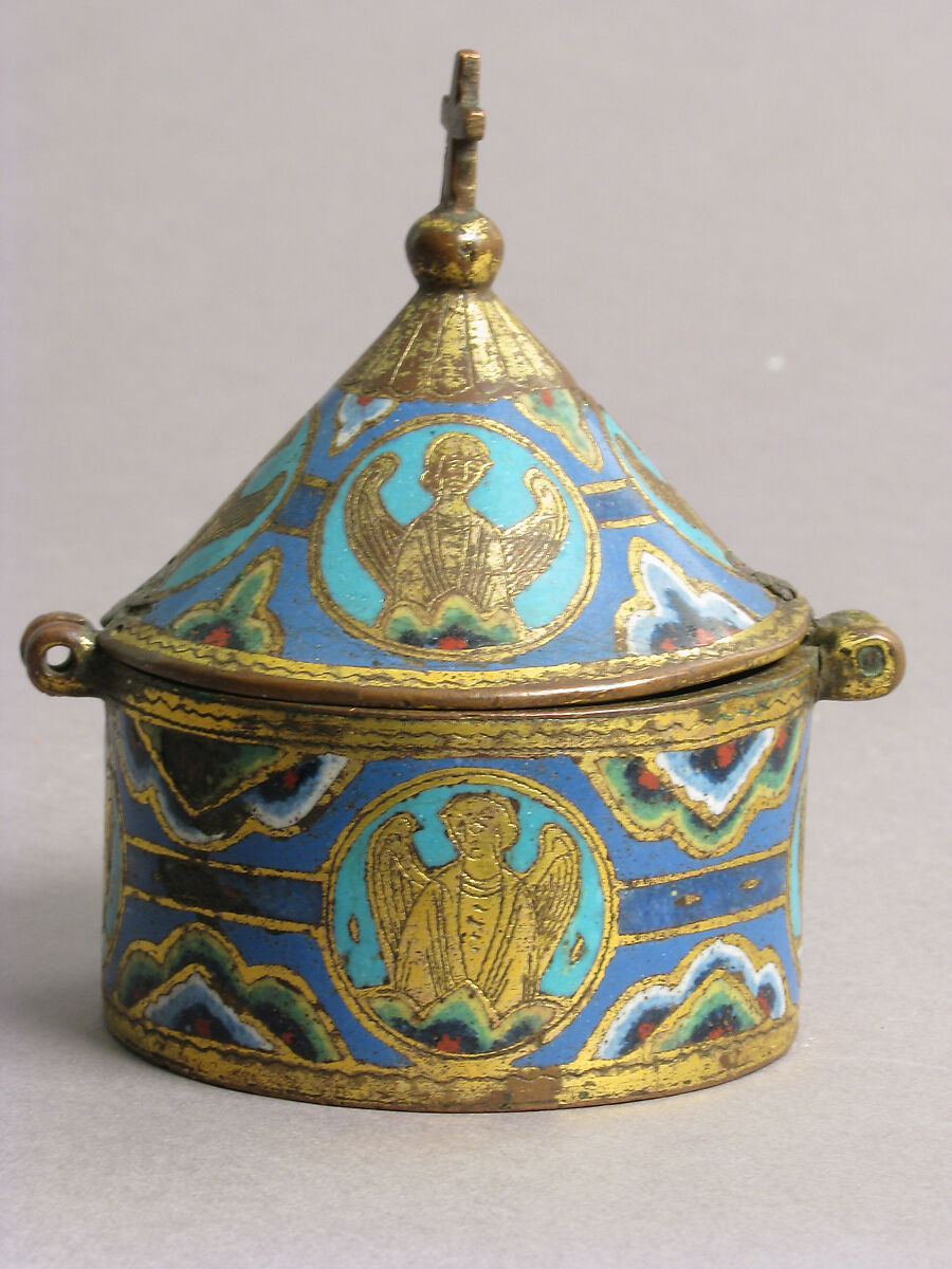 Pyx, Copper: engraved and gilt; champlevé enamel: blue-black; dark, medium and light blue; turquoise, green, yellow, red, and white, French