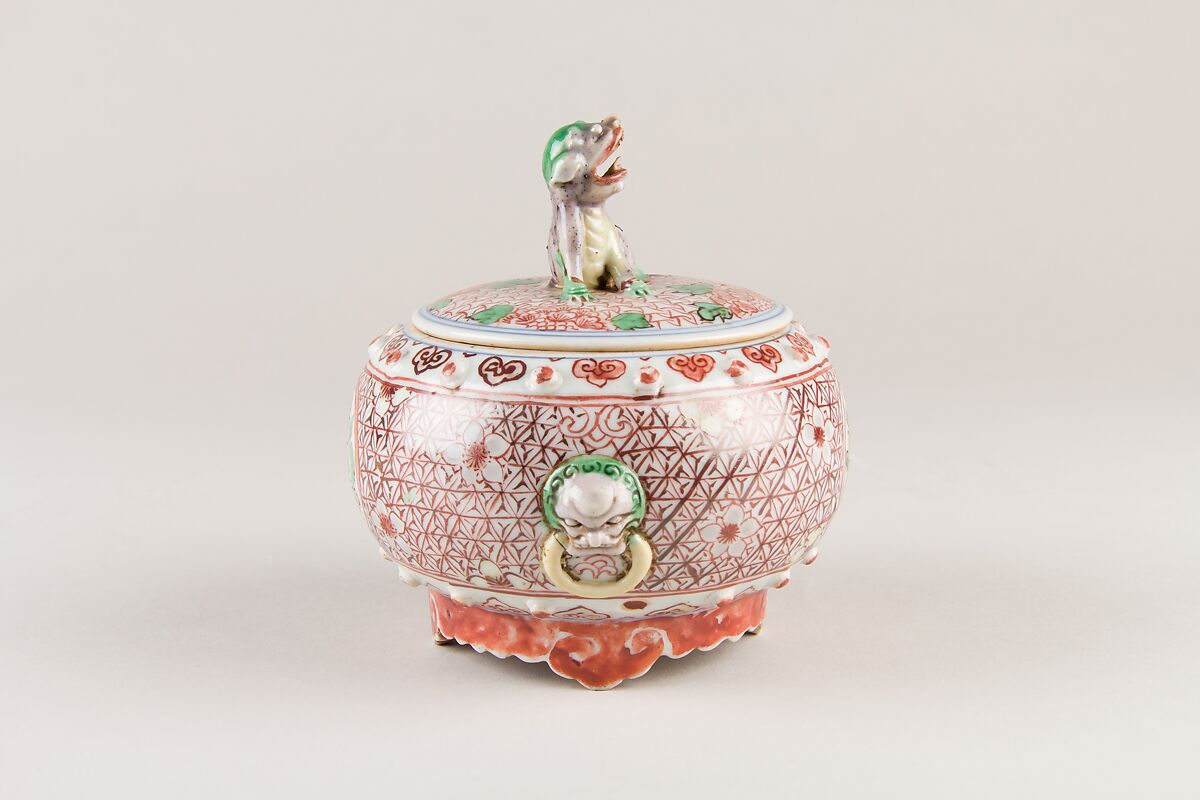 Covered Box, Porcelain decorated with iron red and enamels, Japan