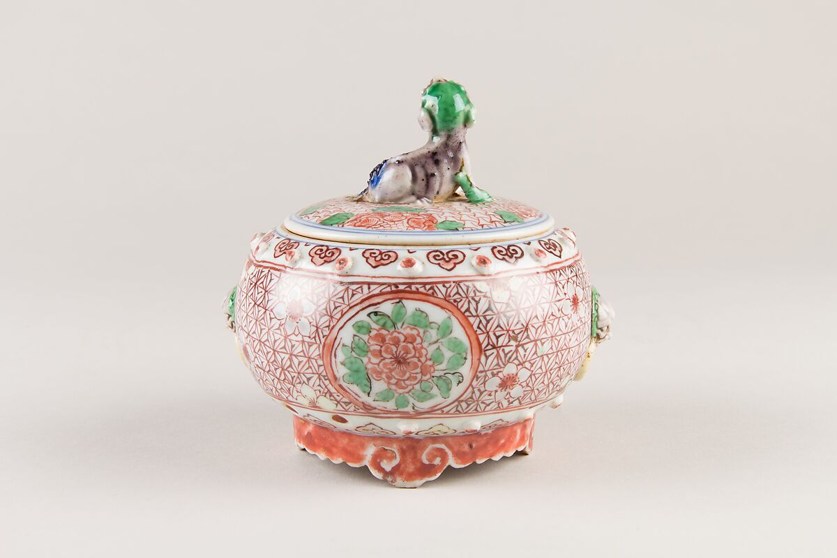 Covered Box, Porcelain decorated with iron red and enamels, Japan
