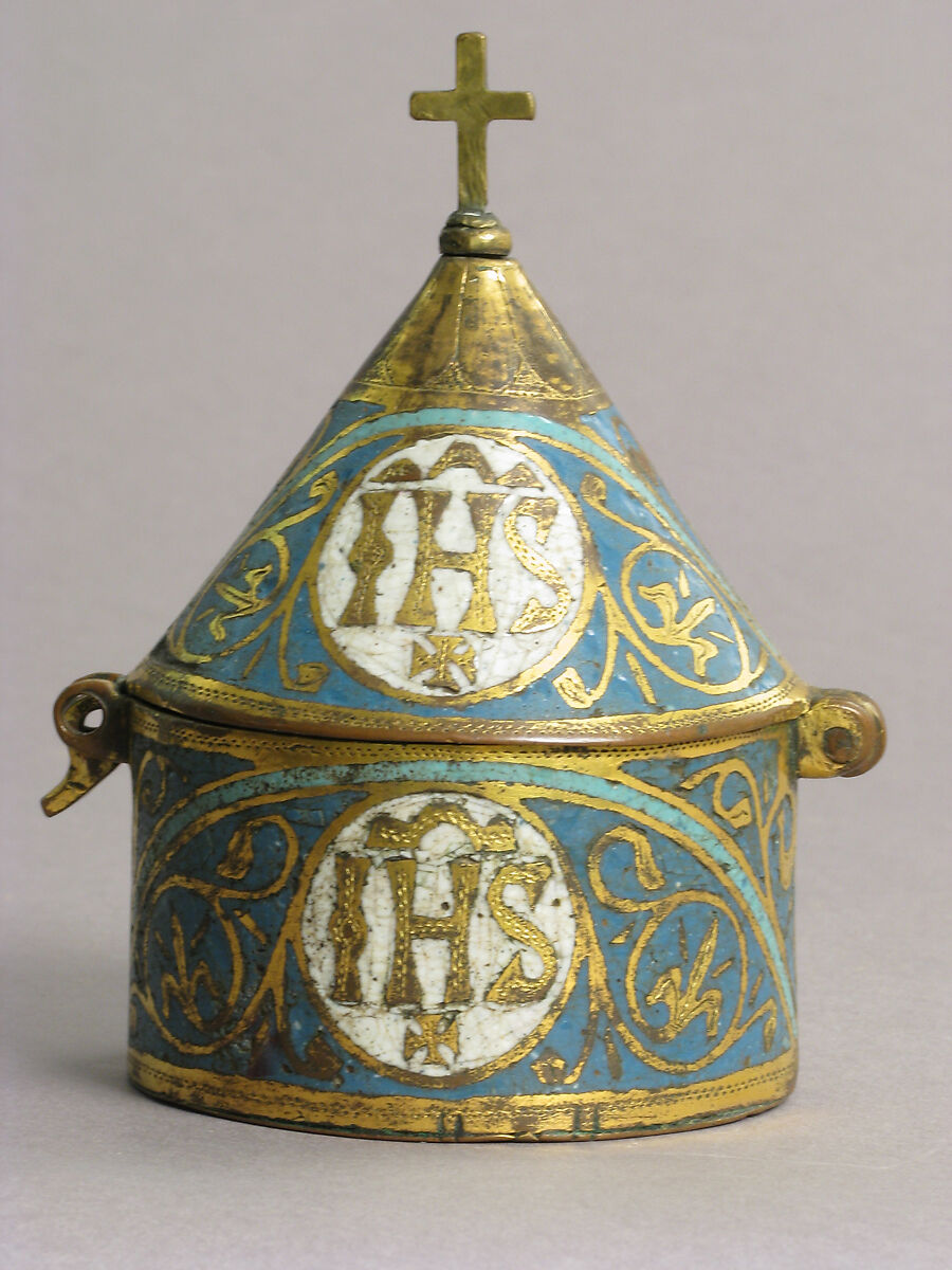 Pyx, Copper: engraved, gilt; champlevé enamel, French 