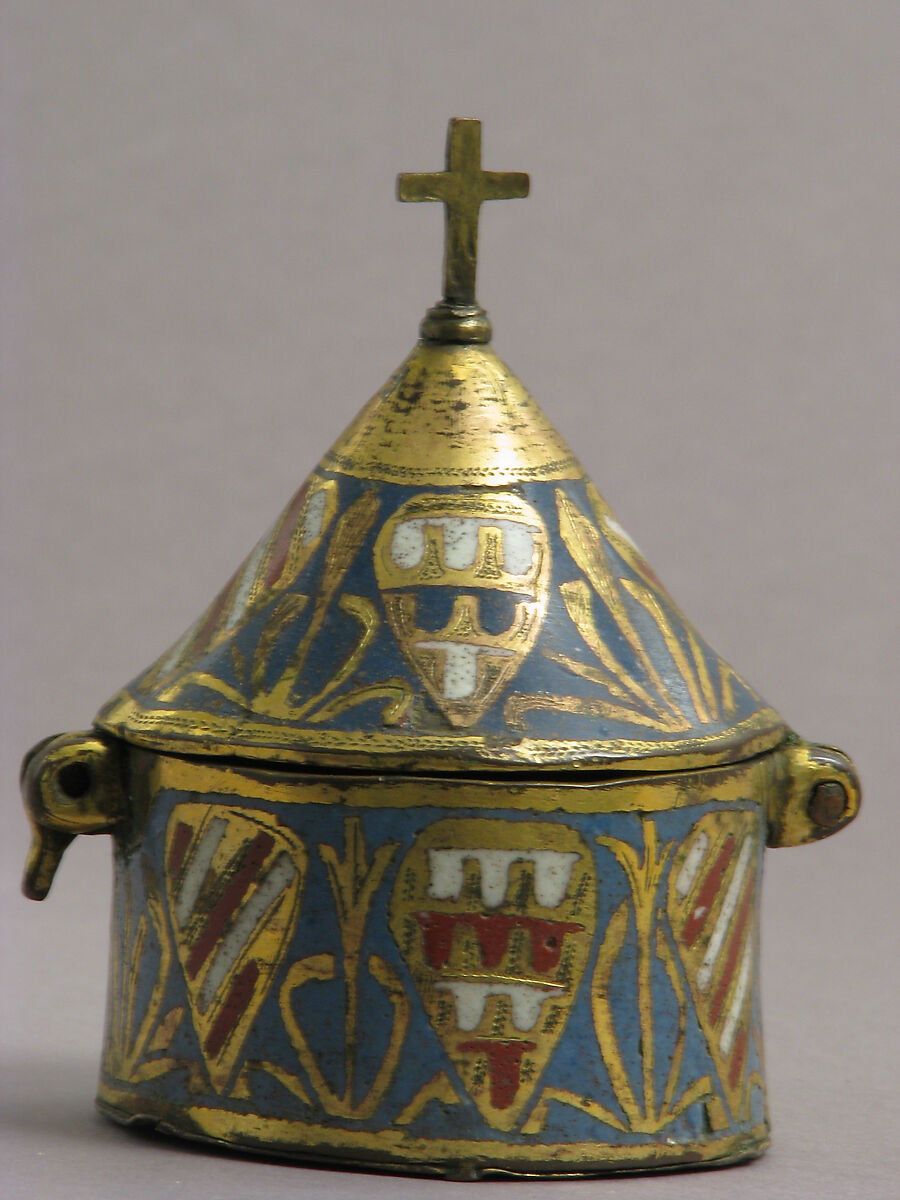Pyx, Copper: engraved and gilt, champlevé enamel: medium blue, red, and white, French 
