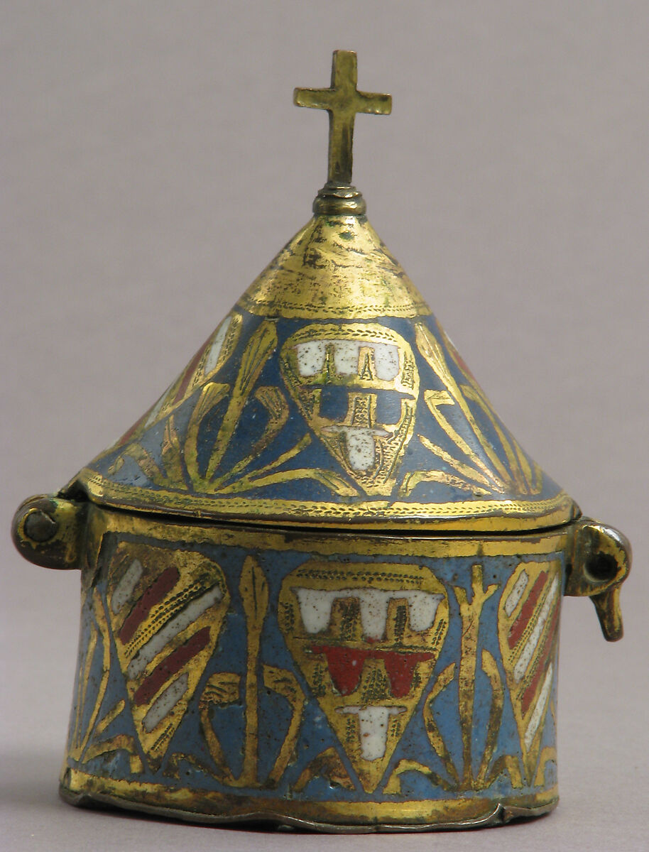 Pyx, Copper: engraved and gilt, champlevé enamel: medium blue, red, and white, French