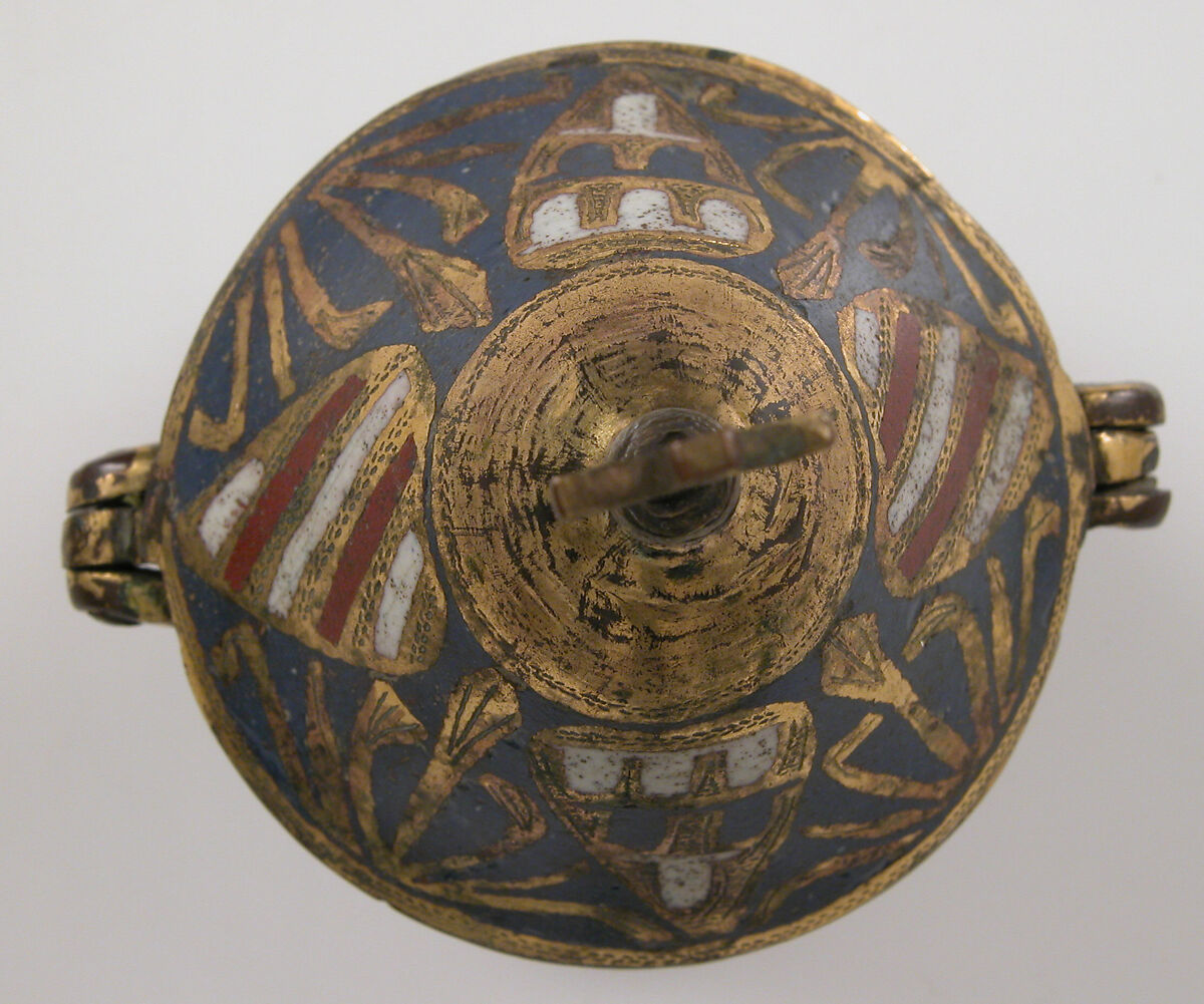 Pyx, Copper: engraved and gilt, champlevé enamel: medium blue, red, and white, French