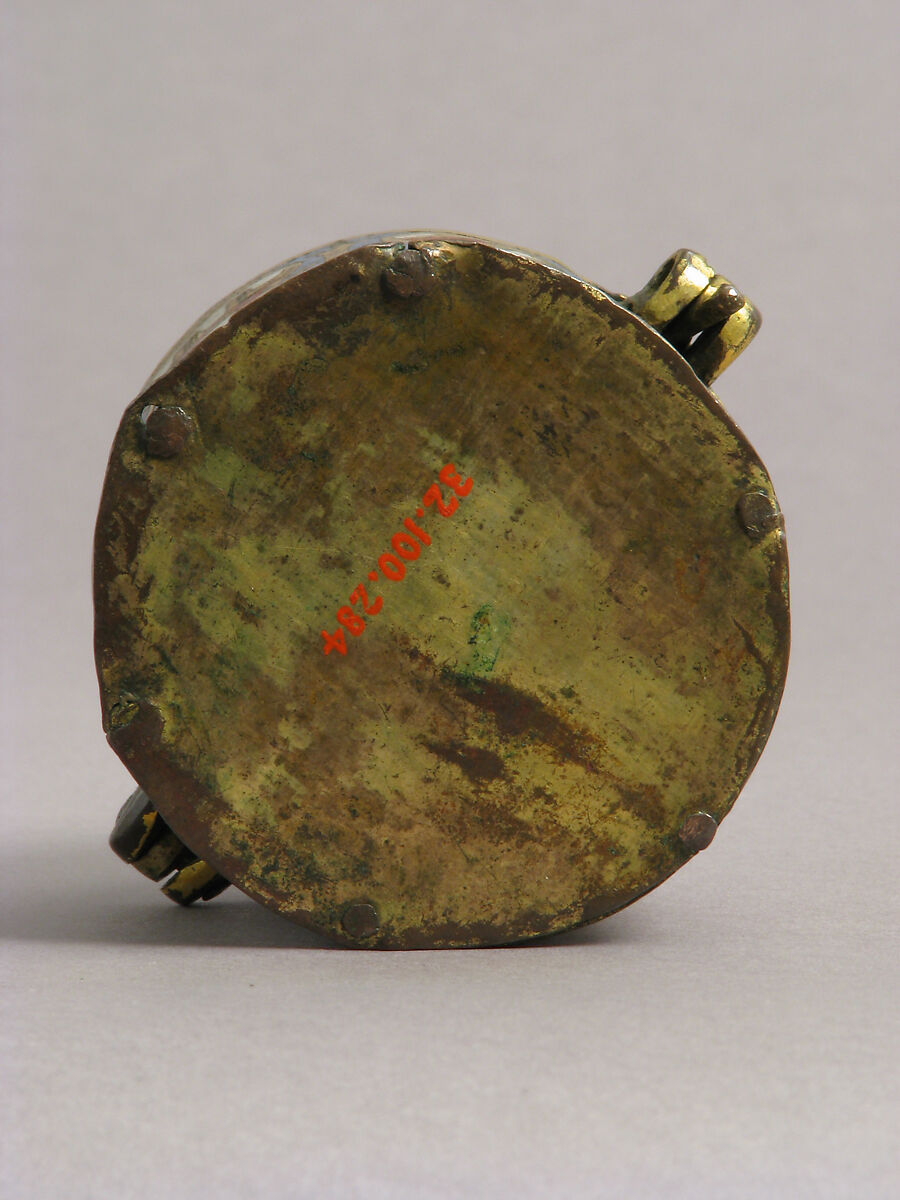 Pyx, Copper: engraved and gilt, champlevé enamel: medium blue, red, and white, French