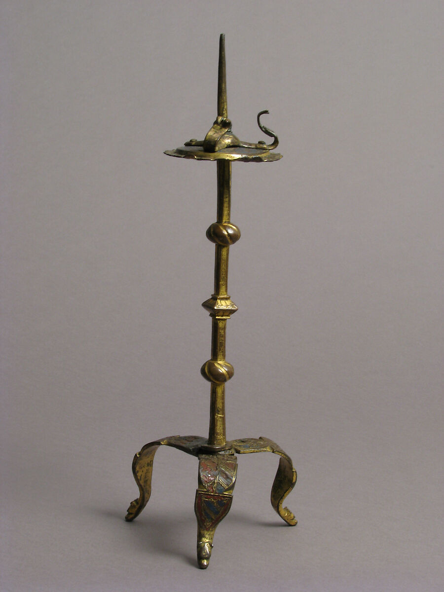 One of a Pair of Traveling Candlesticks, Copper: formed, engraved, and gilt; champlevé enamel: medium blue, red, and white, French