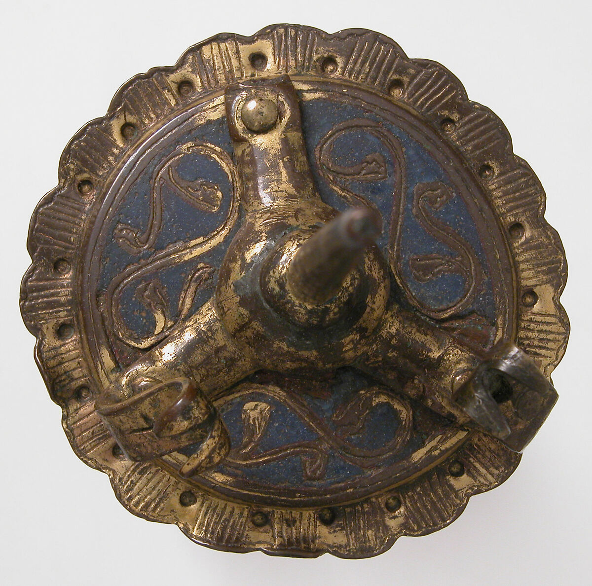 One of a Pair of Traveling Candlesticks, Copper: formed, engraved, and gilt; champlevé enamel: medium blue, red, and white, French