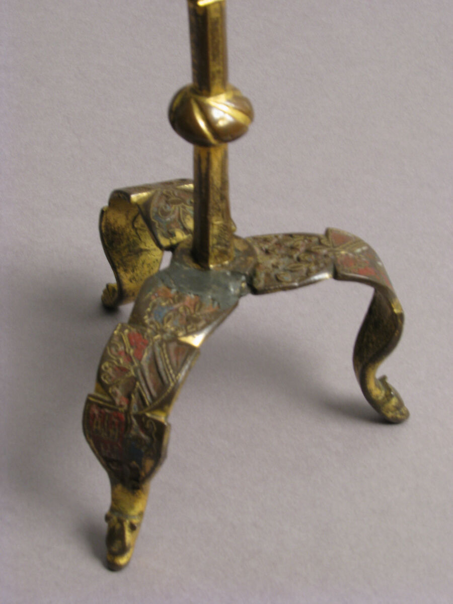 One of a Pair of Traveling Candlesticks, Copper: formed, engraved, and gilt; champlevé enamel: medium blue, red, and white, French