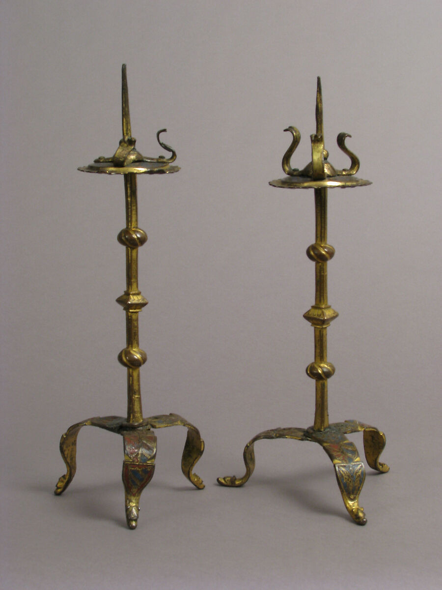 One of a Pair of Traveling Candlesticks, Copper: formed, engraved, and gilt; champlevé enamel: medium blue, red, and white, French 