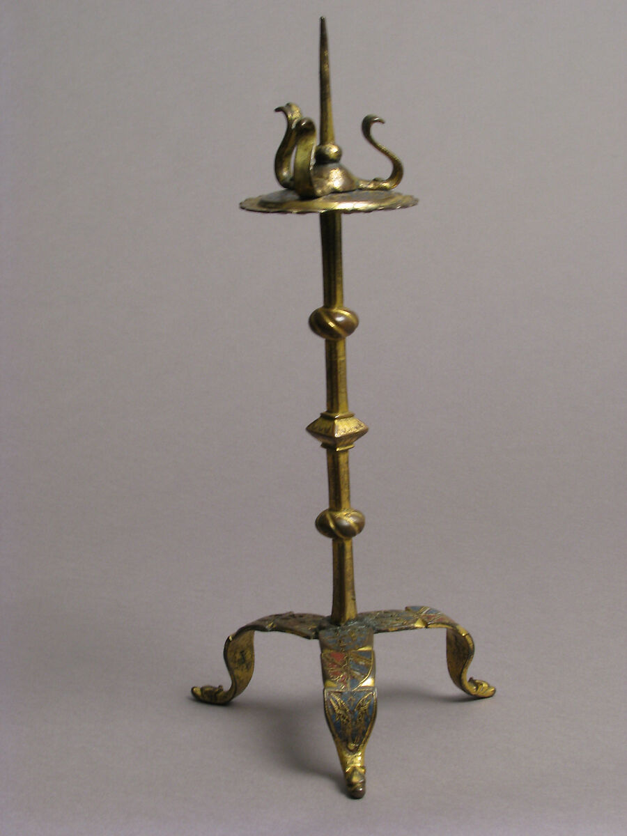 One of a Pair of Traveling Candlesticks, Copper: formed, engraved, and gilt; champlevé enamel: medium blue, red, and white, French