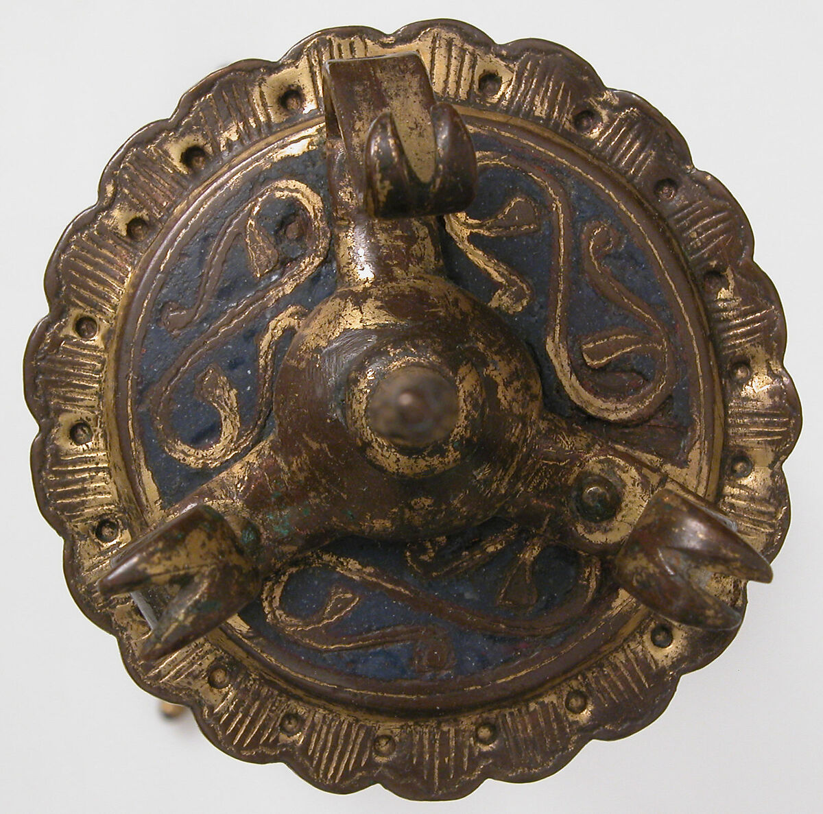 One of a Pair of Traveling Candlesticks, Copper: formed, engraved, and gilt; champlevé enamel: medium blue, red, and white, French