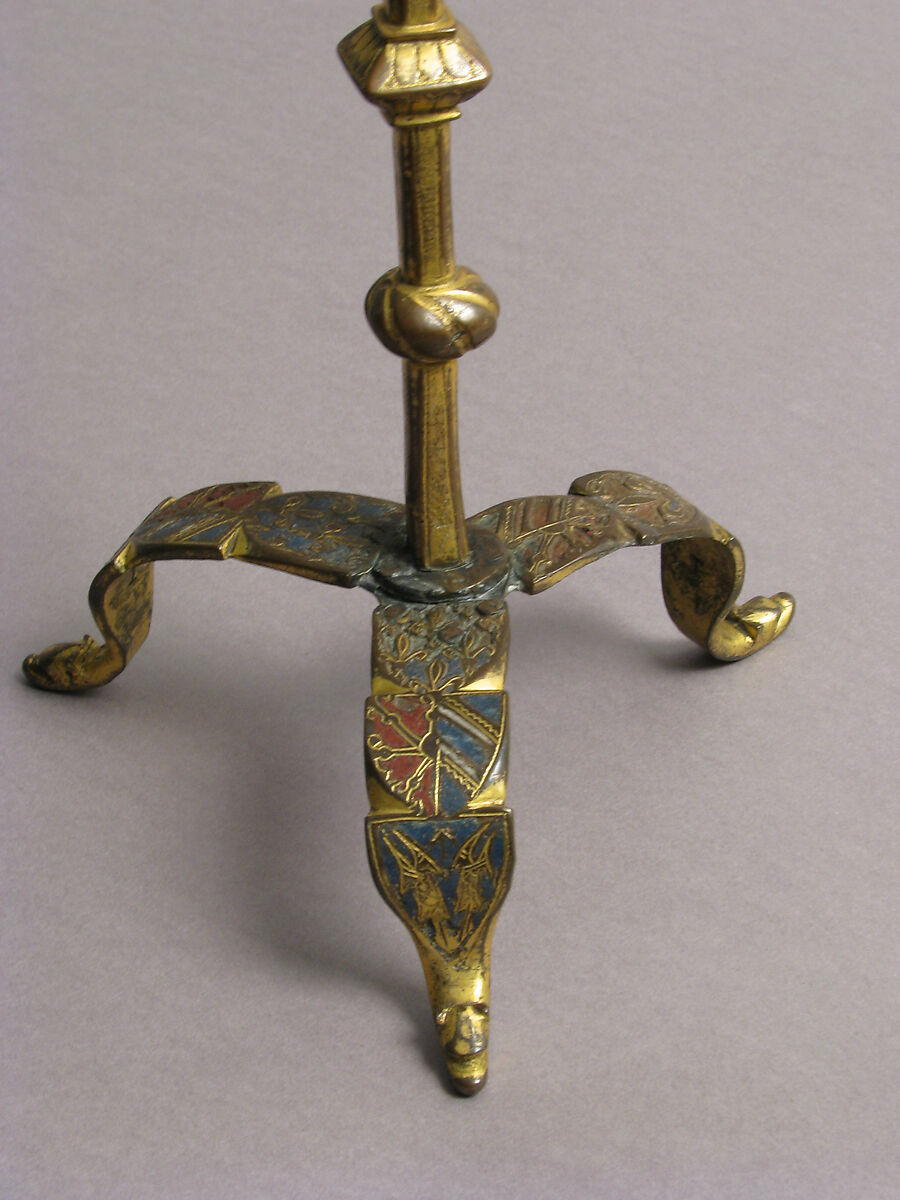 One of a Pair of Traveling Candlesticks, Copper: formed, engraved, and gilt; champlevé enamel: medium blue, red, and white, French