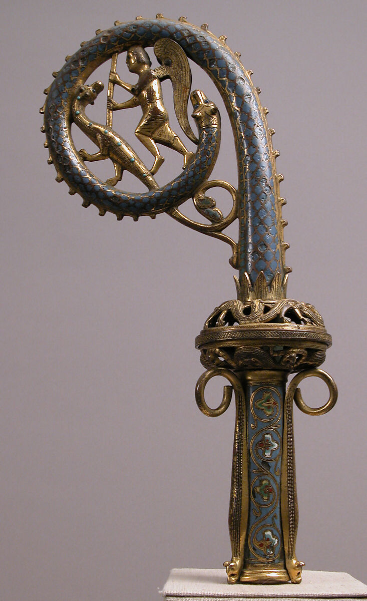 Crozier Head with Saint Michael Slaying the Dragon, Copper: formed, engraved, chased, scraped, stippled, and gilt; champlevé enamel: medium blue, turquoise, green (on the replaced lower shaft), yellow, red, and white, French