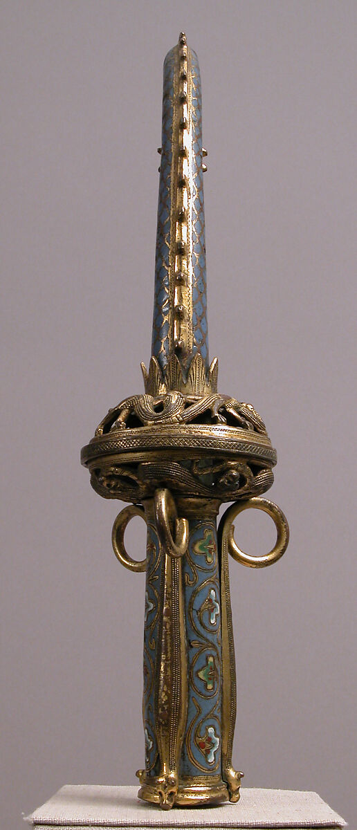Crozier Head with Saint Michael Slaying the Dragon, Copper: formed, engraved, chased, scraped, stippled, and gilt; champlevé enamel: medium blue, turquoise, green (on the replaced lower shaft), yellow, red, and white, French
