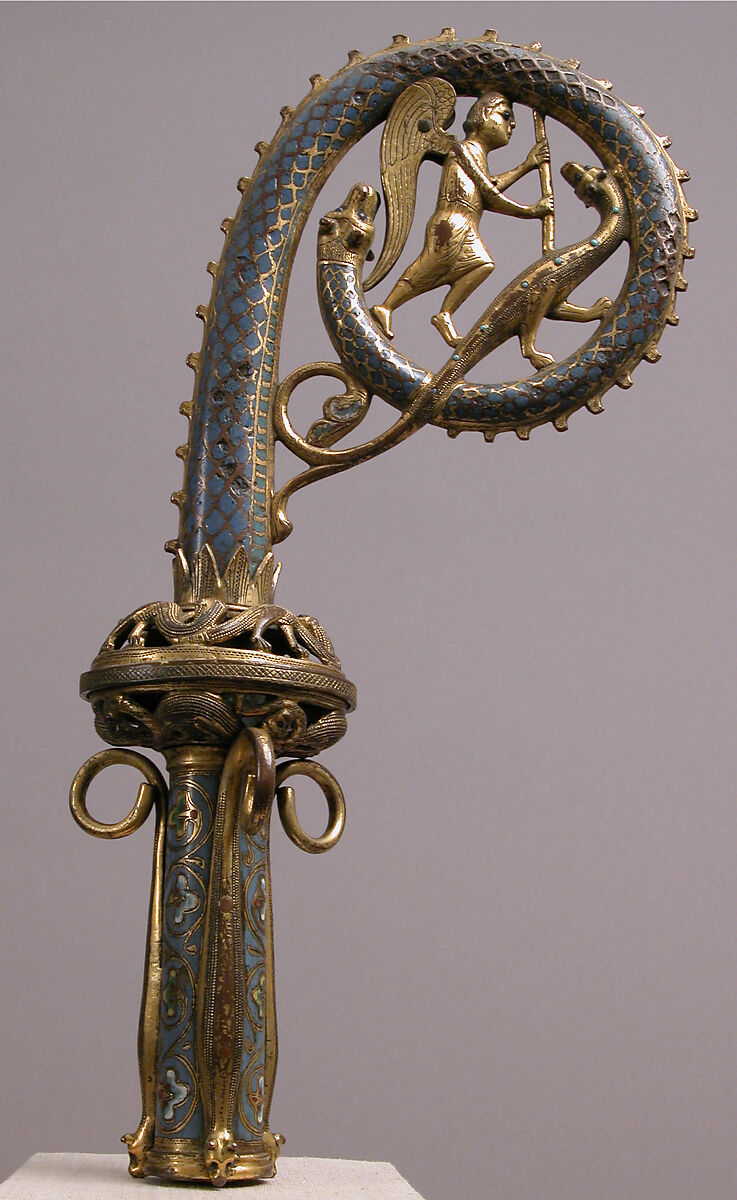 Crozier Head with Saint Michael Slaying the Dragon, Copper: formed, engraved, chased, scraped, stippled, and gilt; champlevé enamel: medium blue, turquoise, green (on the replaced lower shaft), yellow, red, and white, French 