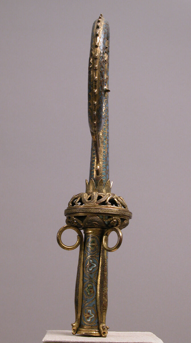 Crozier Head with Saint Michael Slaying the Dragon, Copper: formed, engraved, chased, scraped, stippled, and gilt; champlevé enamel: medium blue, turquoise, green (on the replaced lower shaft), yellow, red, and white, French