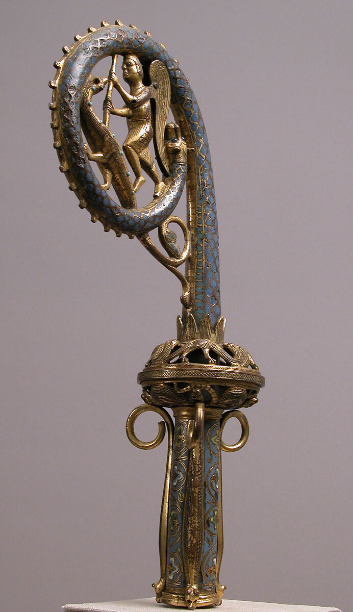 Crozier Head with Saint Michael Slaying the Dragon, Copper: formed, engraved, chased, scraped, stippled, and gilt; champlevé enamel: medium blue, turquoise, green (on the replaced lower shaft), yellow, red, and white, French