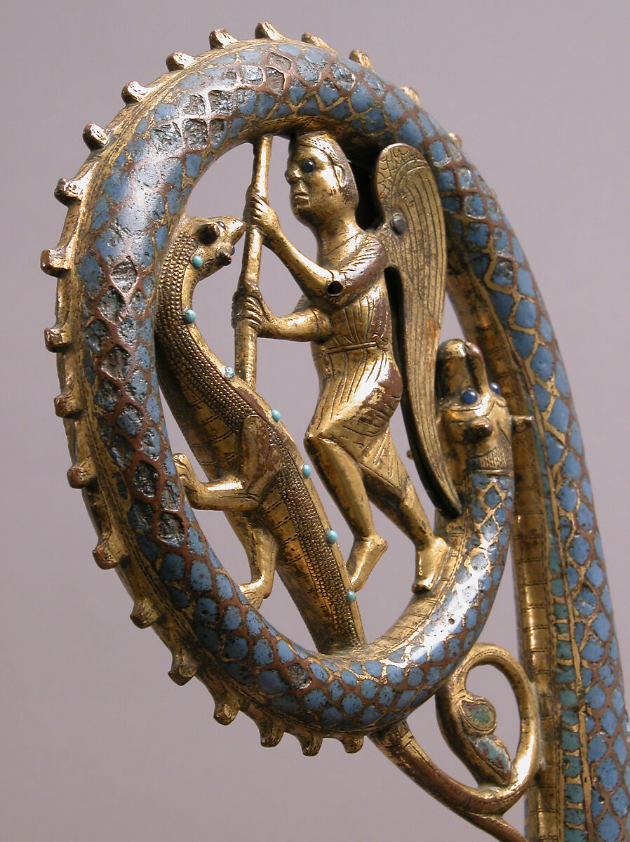 Crozier Head with Saint Michael Slaying the Dragon, Copper: formed, engraved, chased, scraped, stippled, and gilt; champlevé enamel: medium blue, turquoise, green (on the replaced lower shaft), yellow, red, and white, French