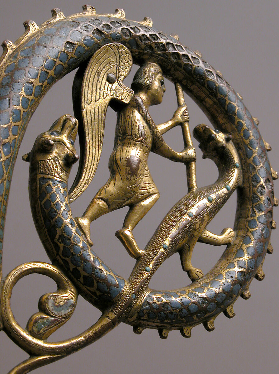 Crozier Head with Saint Michael Slaying the Dragon, Copper: formed, engraved, chased, scraped, stippled, and gilt; champlevé enamel: medium blue, turquoise, green (on the replaced lower shaft), yellow, red, and white, French