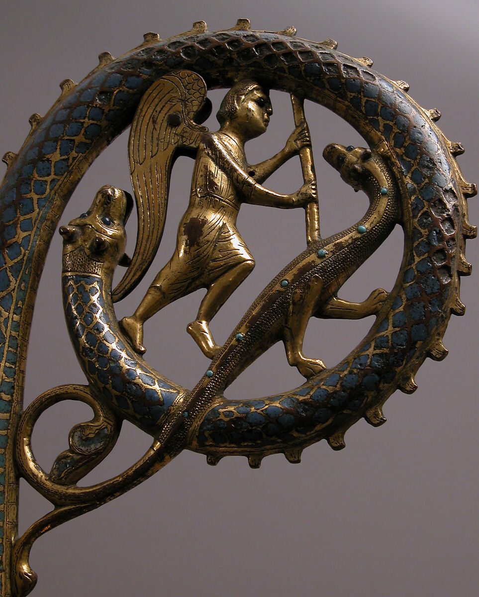 Crozier Head with Saint Michael Slaying the Dragon, Copper: formed, engraved, chased, scraped, stippled, and gilt; champlevé enamel: medium blue, turquoise, green (on the replaced lower shaft), yellow, red, and white, French
