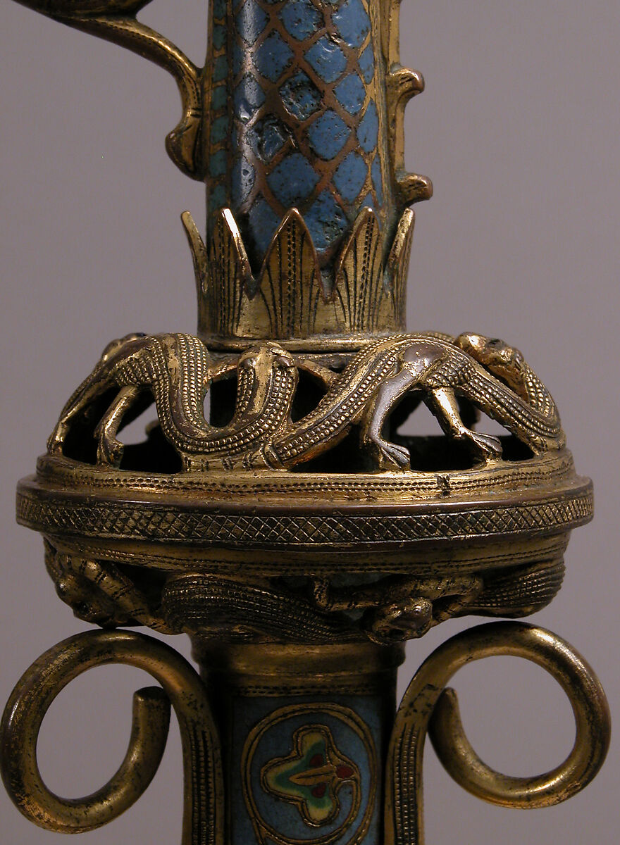Crozier Head with Saint Michael Slaying the Dragon, Copper: formed, engraved, chased, scraped, stippled, and gilt; champlevé enamel: medium blue, turquoise, green (on the replaced lower shaft), yellow, red, and white, French