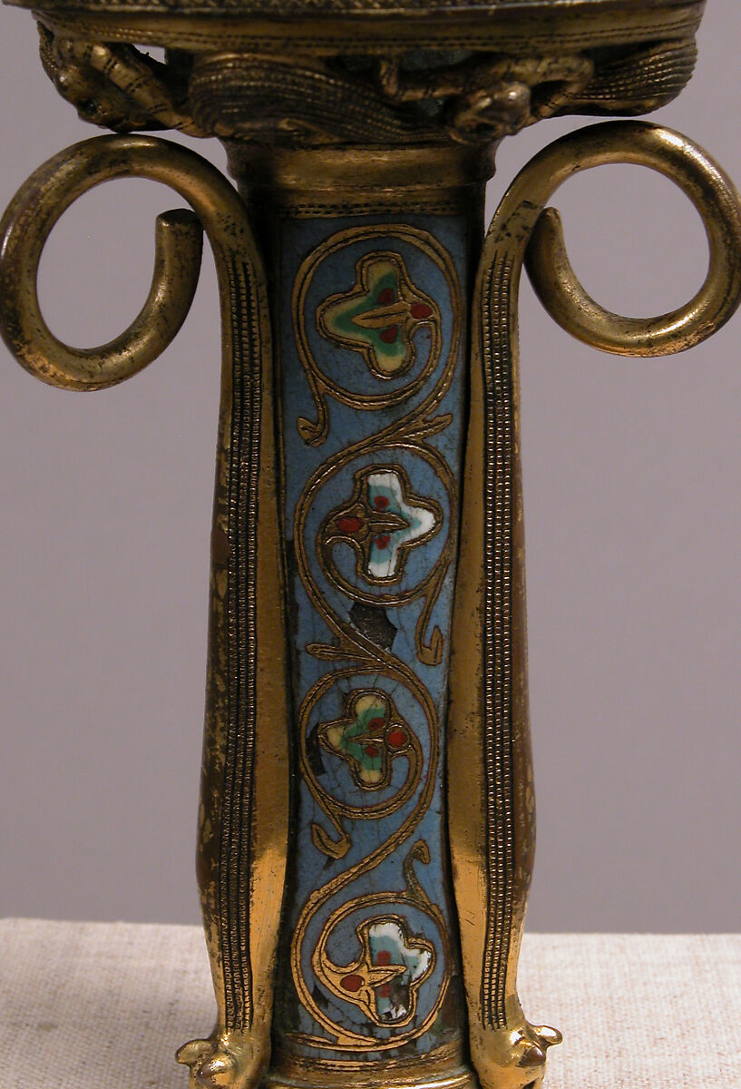 Crozier Head with Saint Michael Slaying the Dragon, Copper: formed, engraved, chased, scraped, stippled, and gilt; champlevé enamel: medium blue, turquoise, green (on the replaced lower shaft), yellow, red, and white, French