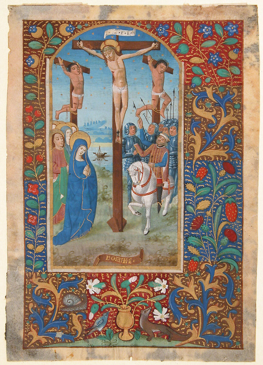 Manuscript Leaf with the Crucifixion, from a Book of Hours, Tempera, ink, and shell gold on parchment, North French 