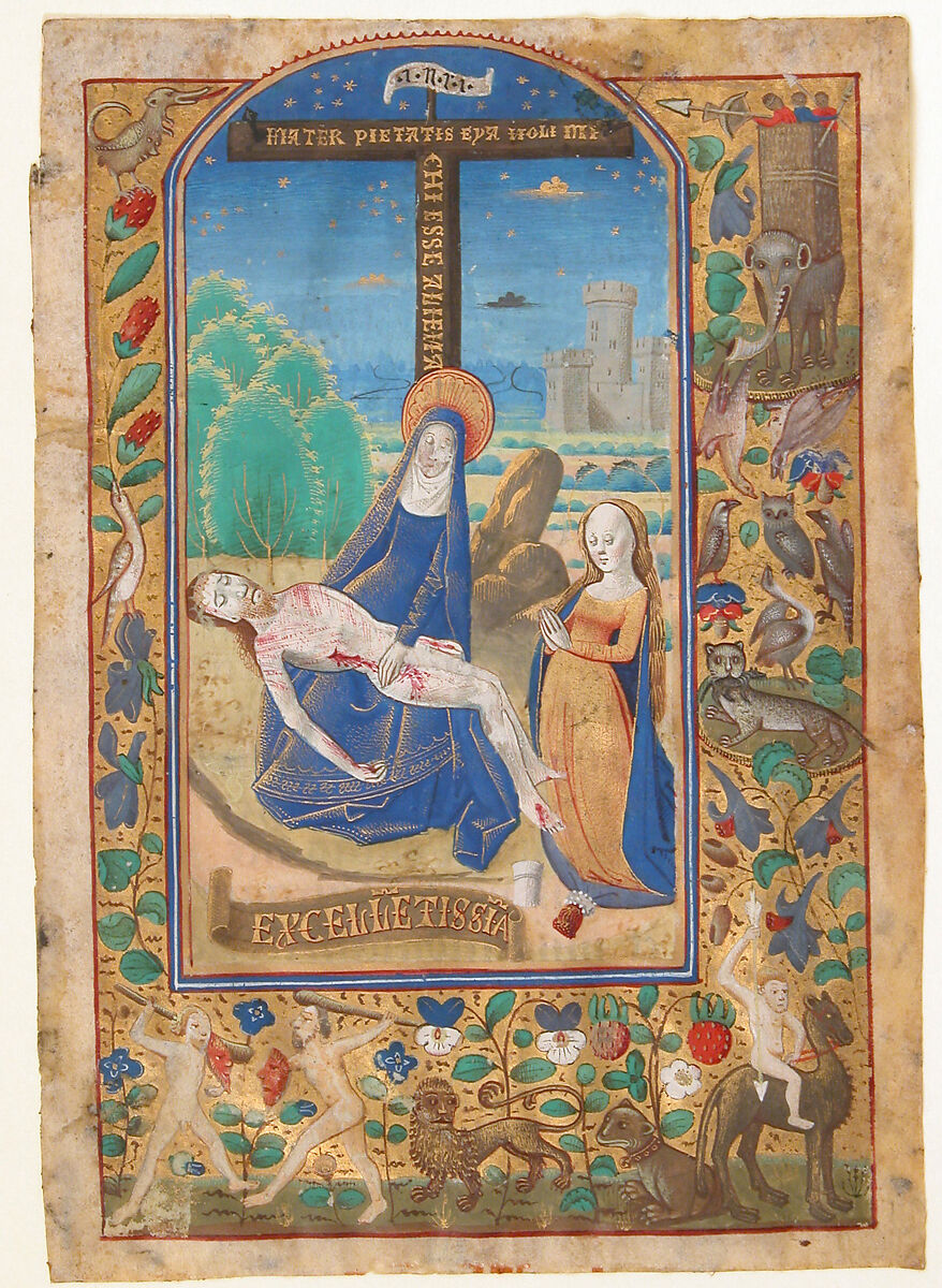 Manuscript Leaf with the Pièta, from a Book of Hours, Tempera, ink, and shell gold on parchment, North French 