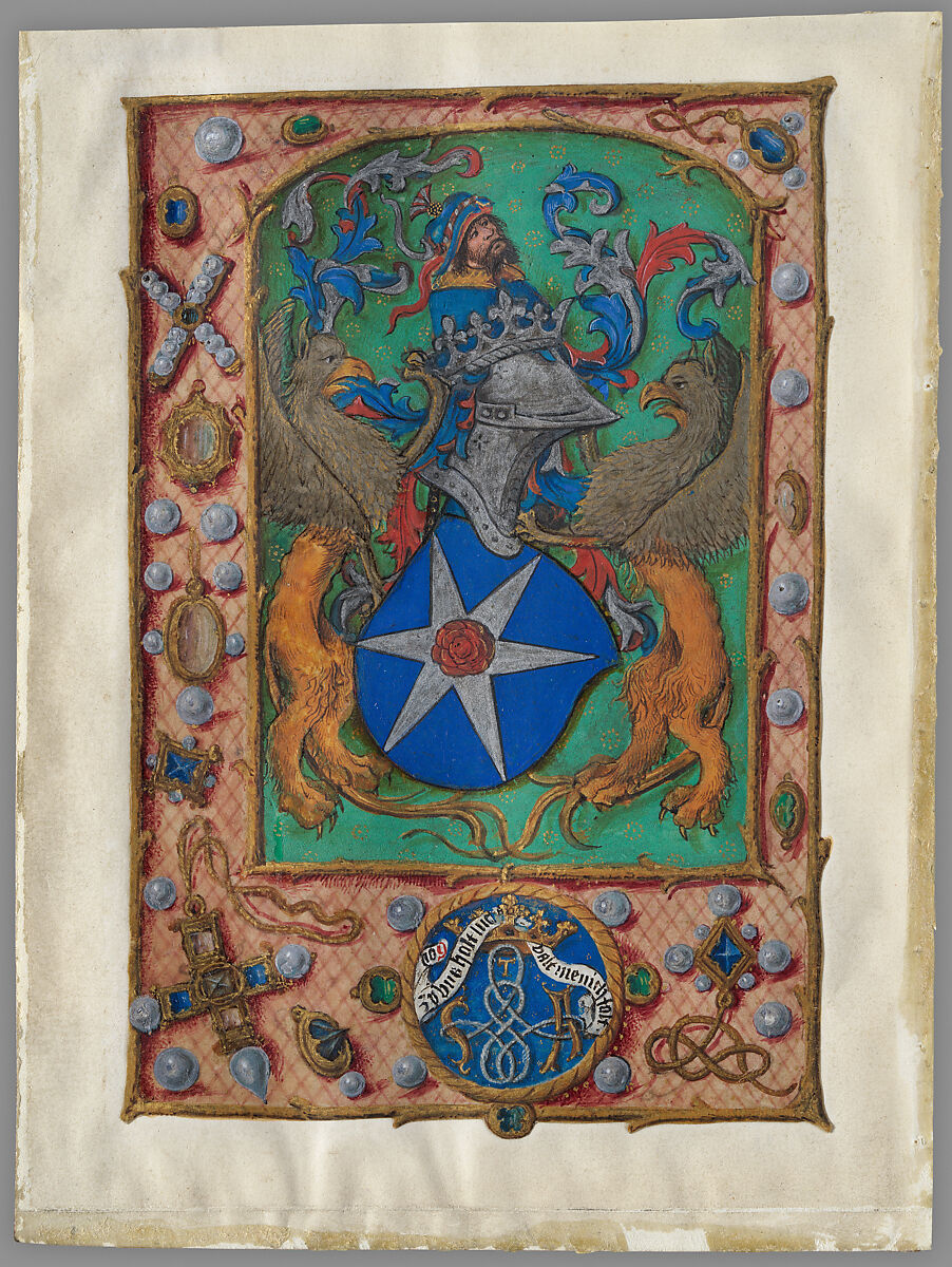 Manuscript Leaf with Coat of Arms, from a Book of Hours, Tempera, ink, and shell gold on parchment, South Netherlandish 