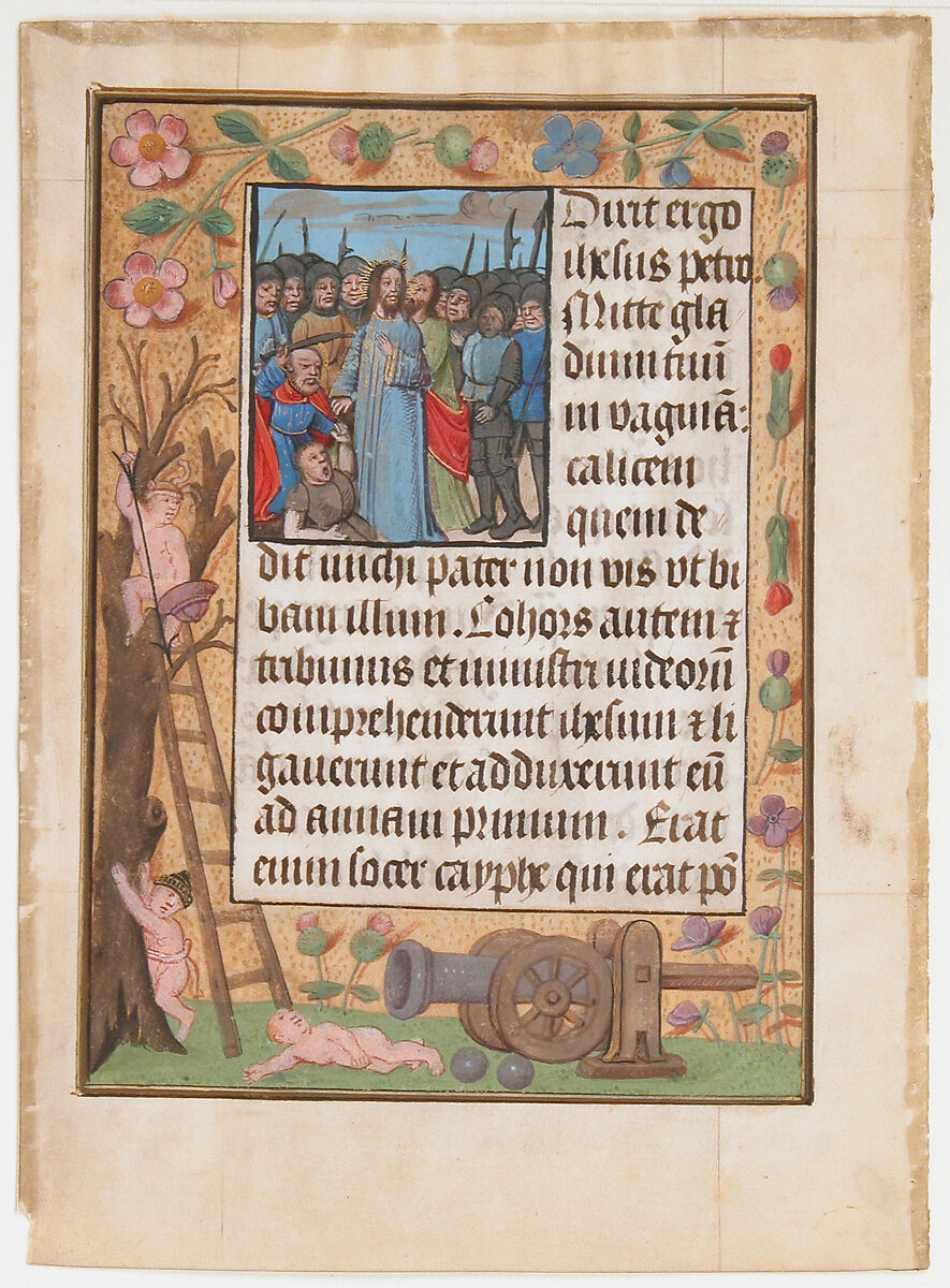 Manuscript Leaf with the Betrayal, from a Book of Hours, Tempera, ink, and shell gold on parchment, Netherlandish 