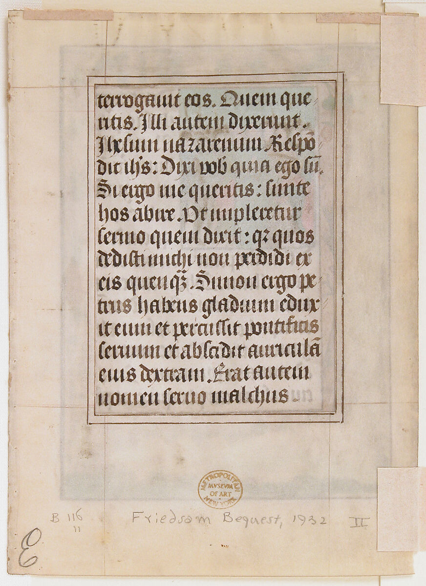 Manuscript Leaf with the Betrayal, from a Book of Hours, Tempera, ink, and shell gold on parchment, Netherlandish