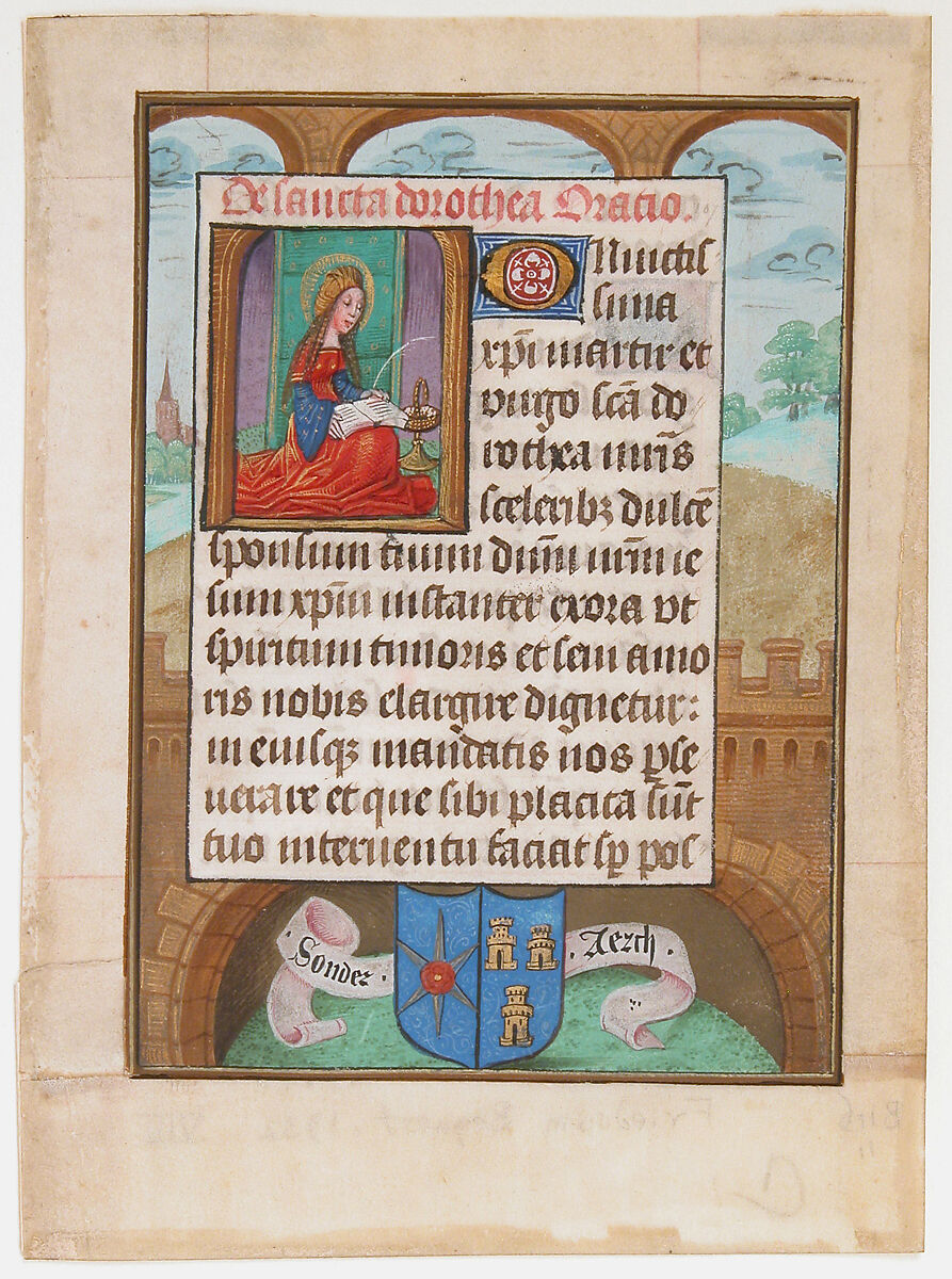 Manuscript Leaf wtih Saint Dorothy, from a Book of Hours, Tempera, ink, and shell gold on parchment, Netherlandish 