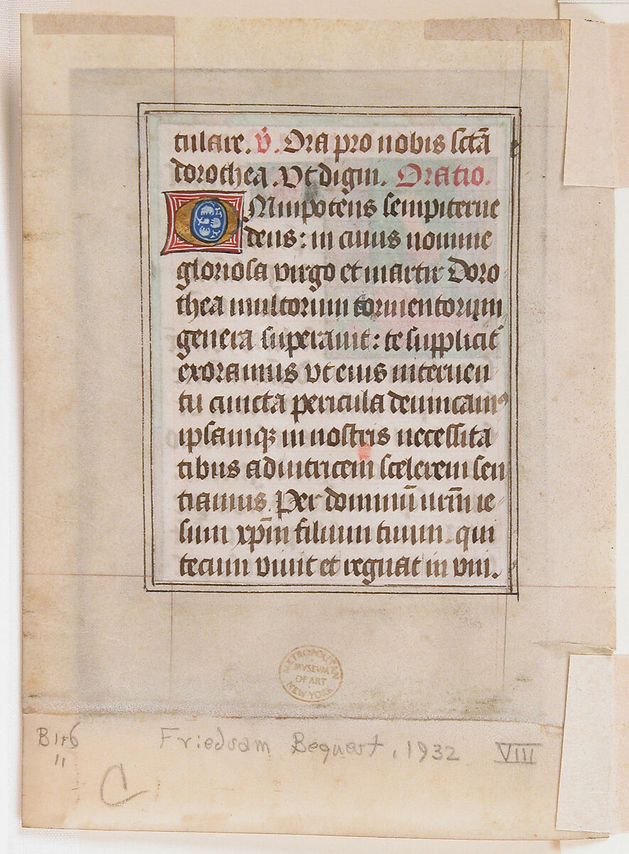 Manuscript Leaf wtih Saint Dorothy, from a Book of Hours, Tempera, ink, and shell gold on parchment, Netherlandish