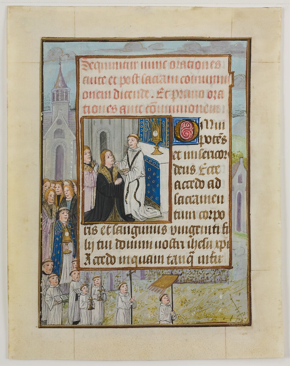Manuscript Leaf with the Holy Communion, from a Book of Hours, Tempera, ink, and shell gold on parchment, South Netherlandish 