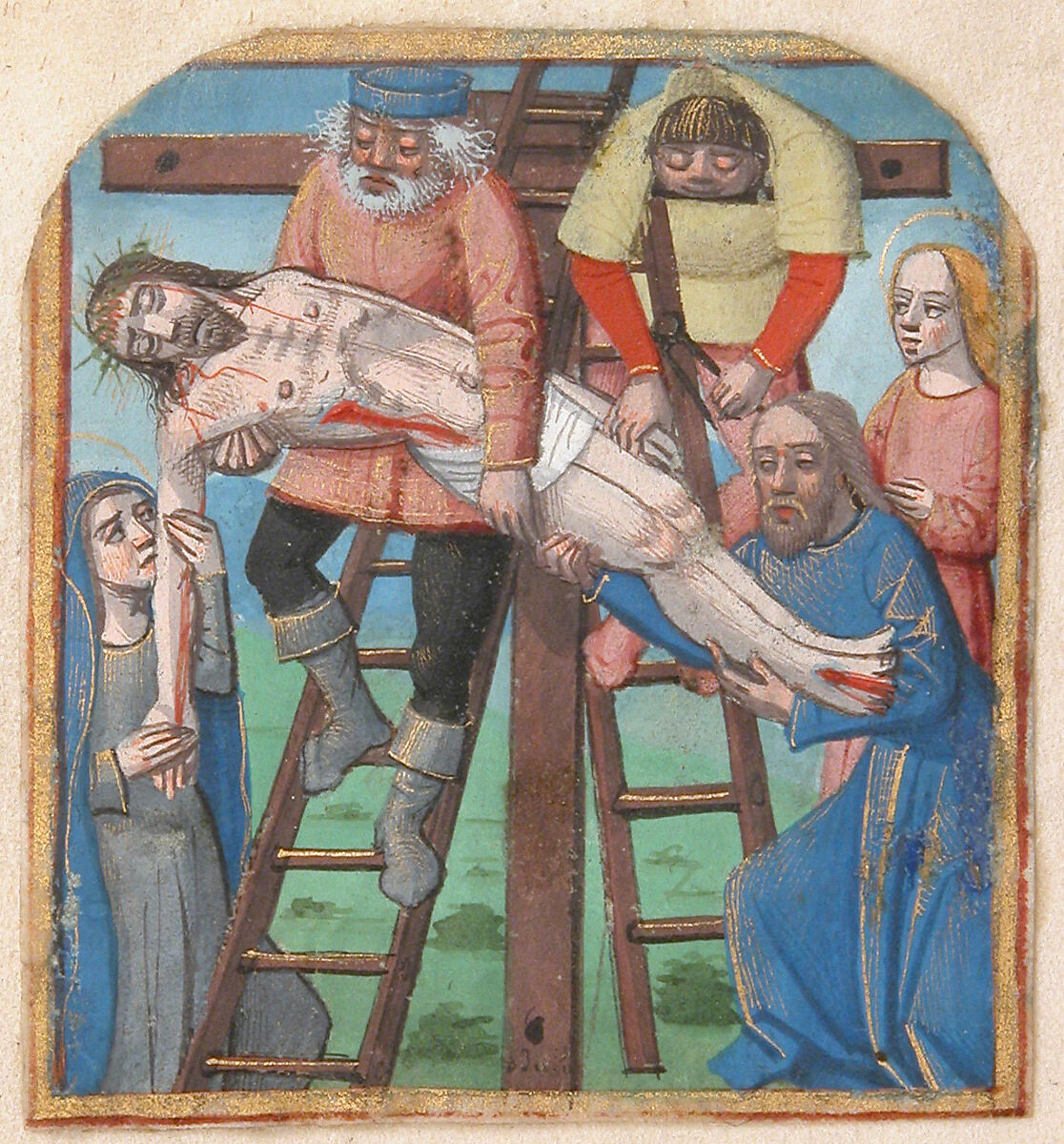 Manuscript Illumination with the Descent from the Cross, from a Book of Hours, Tempera, ink, and shell gold on parchment, North French