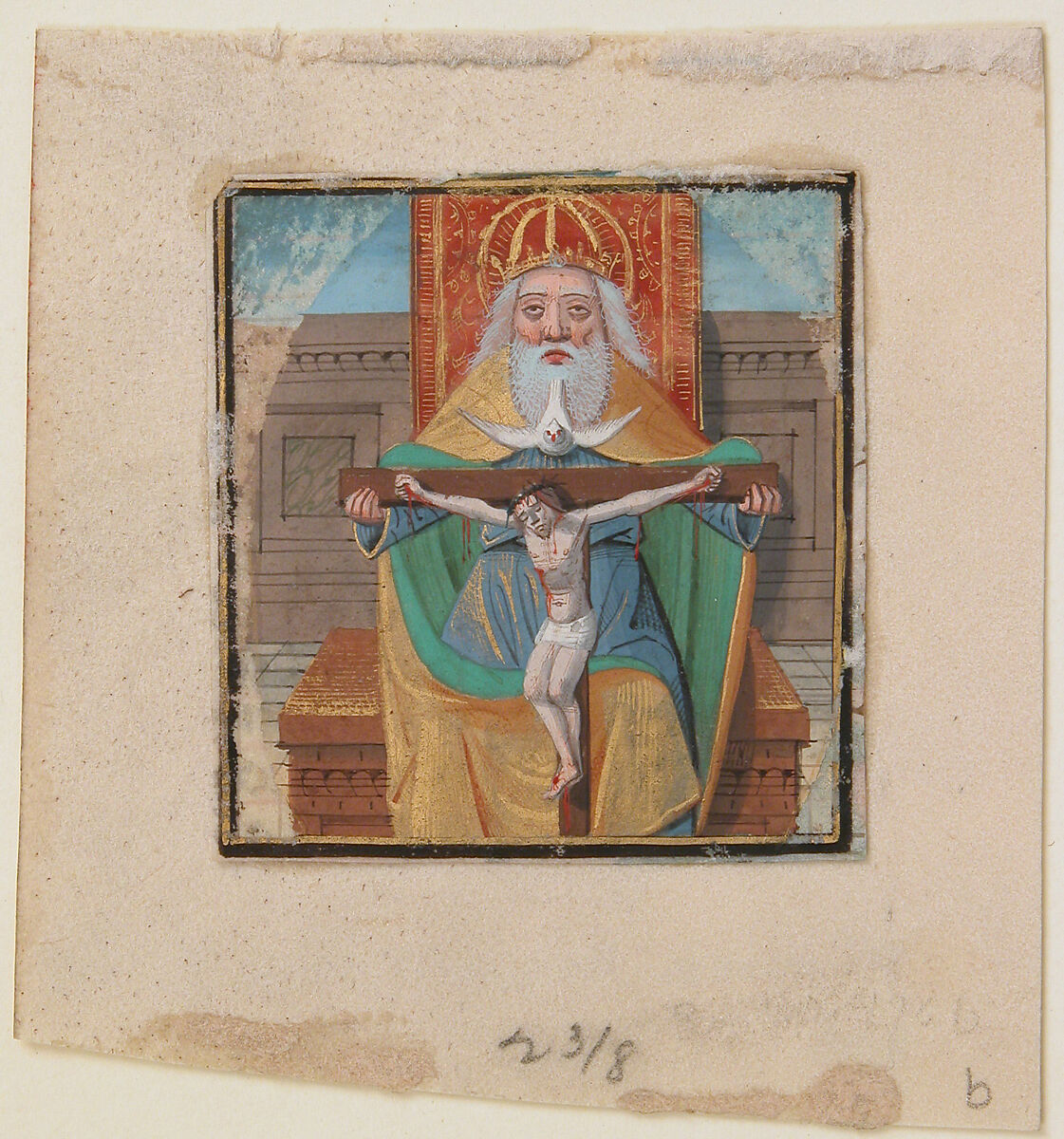 Manuscript Illumination with the Trinity, from a Book of Hours, Tempera, ink, and shell gold on parchment, North French 