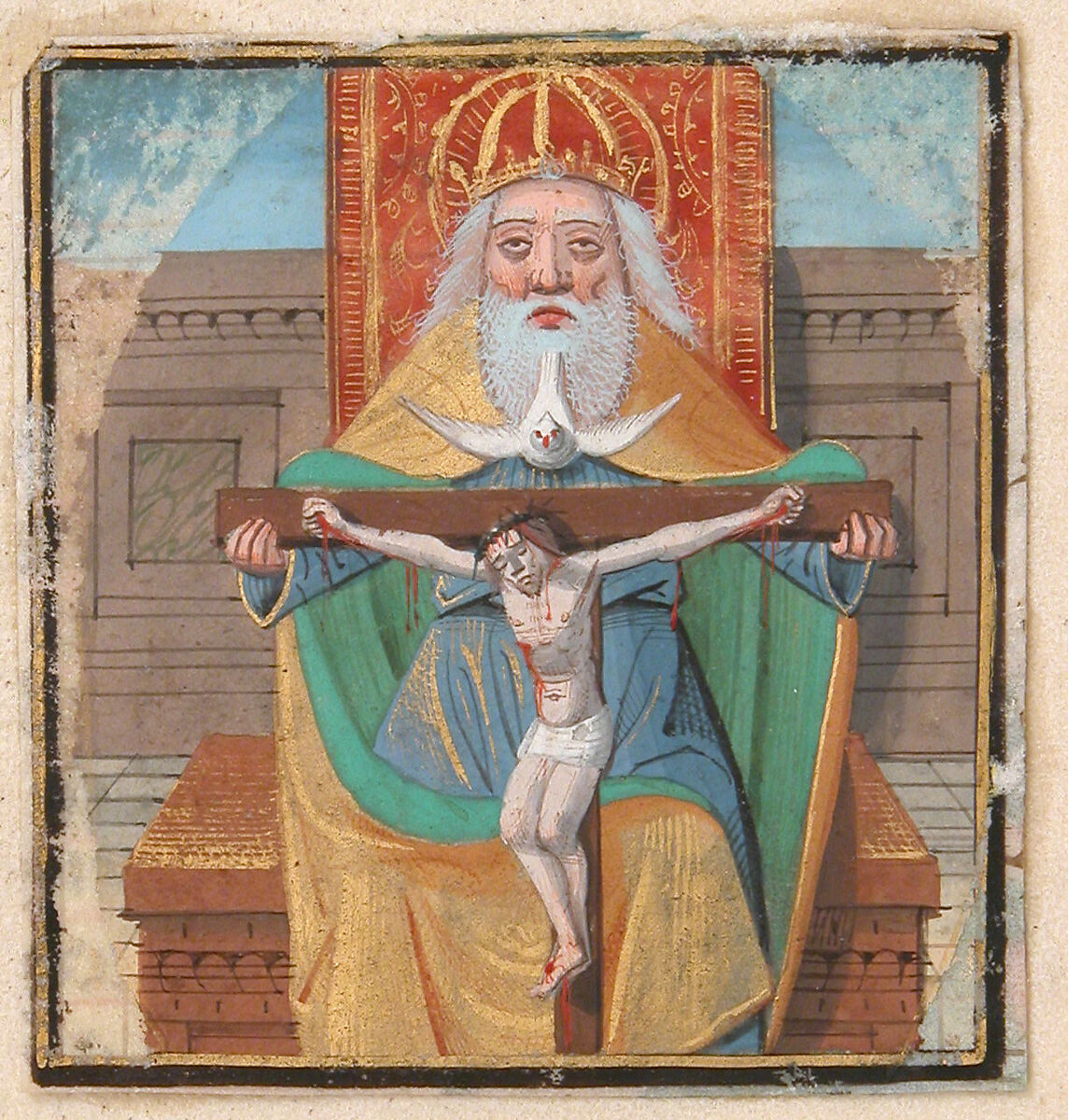 Manuscript Illumination with the Trinity, from a Book of Hours, Tempera, ink, and shell gold on parchment, North French