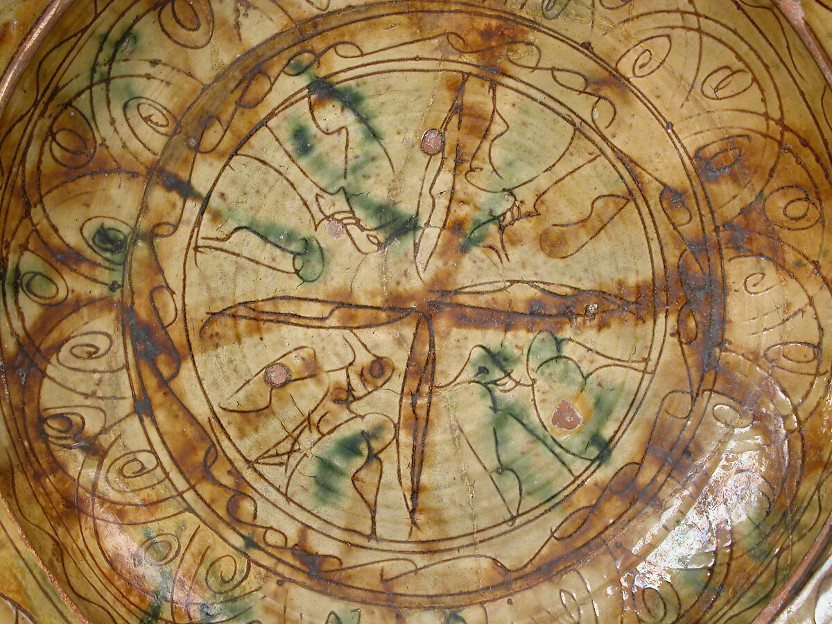 Tricolor Bowl, Terracotta with yellow-brown and green glaze over slip, decorated in sgraffito, Byzantine