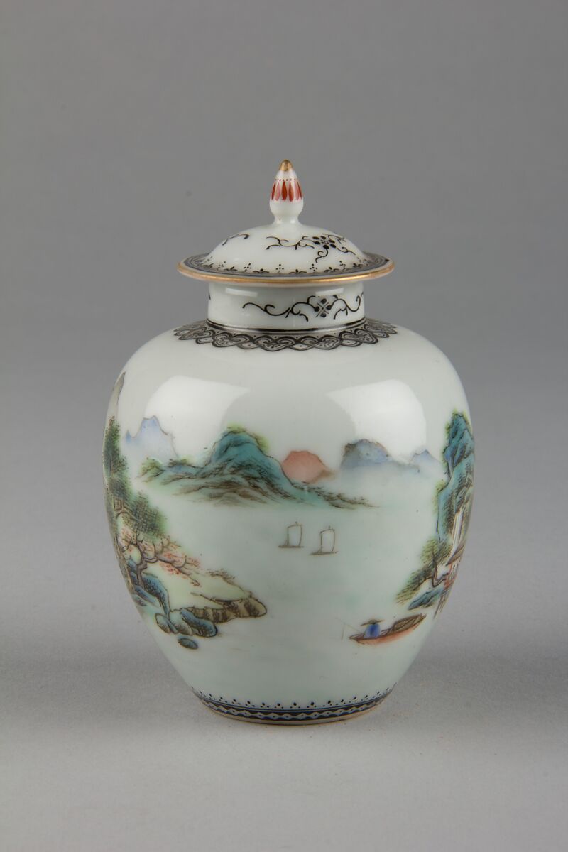 Covered jar with landscape, Porcelain painted in overglaze polychrome enamels (Jingdezhen ware), China