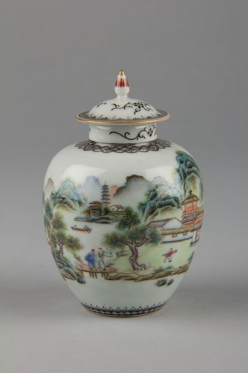 Covered jar with landscape, Porcelain painted in overglaze polychrome enamels (Jingdezhen ware), China 