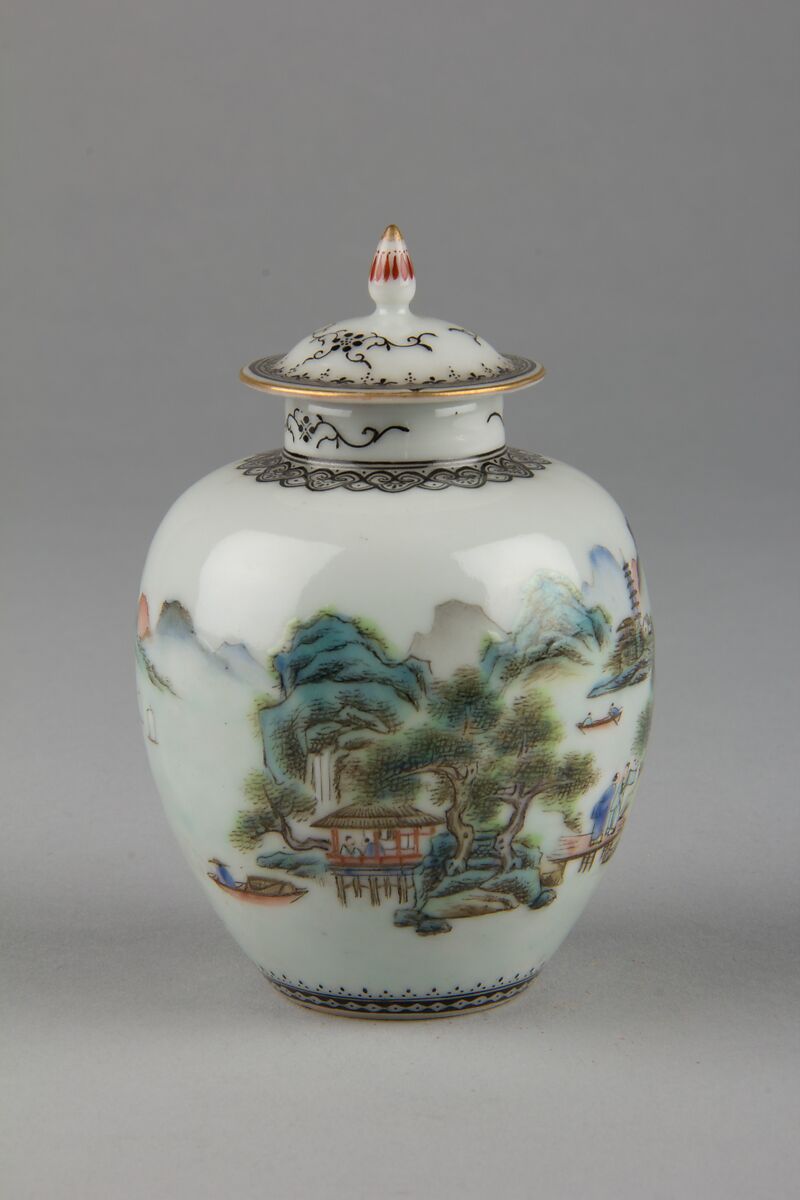 Covered jar with landscape, Porcelain painted in overglaze polychrome enamels (Jingdezhen ware), China