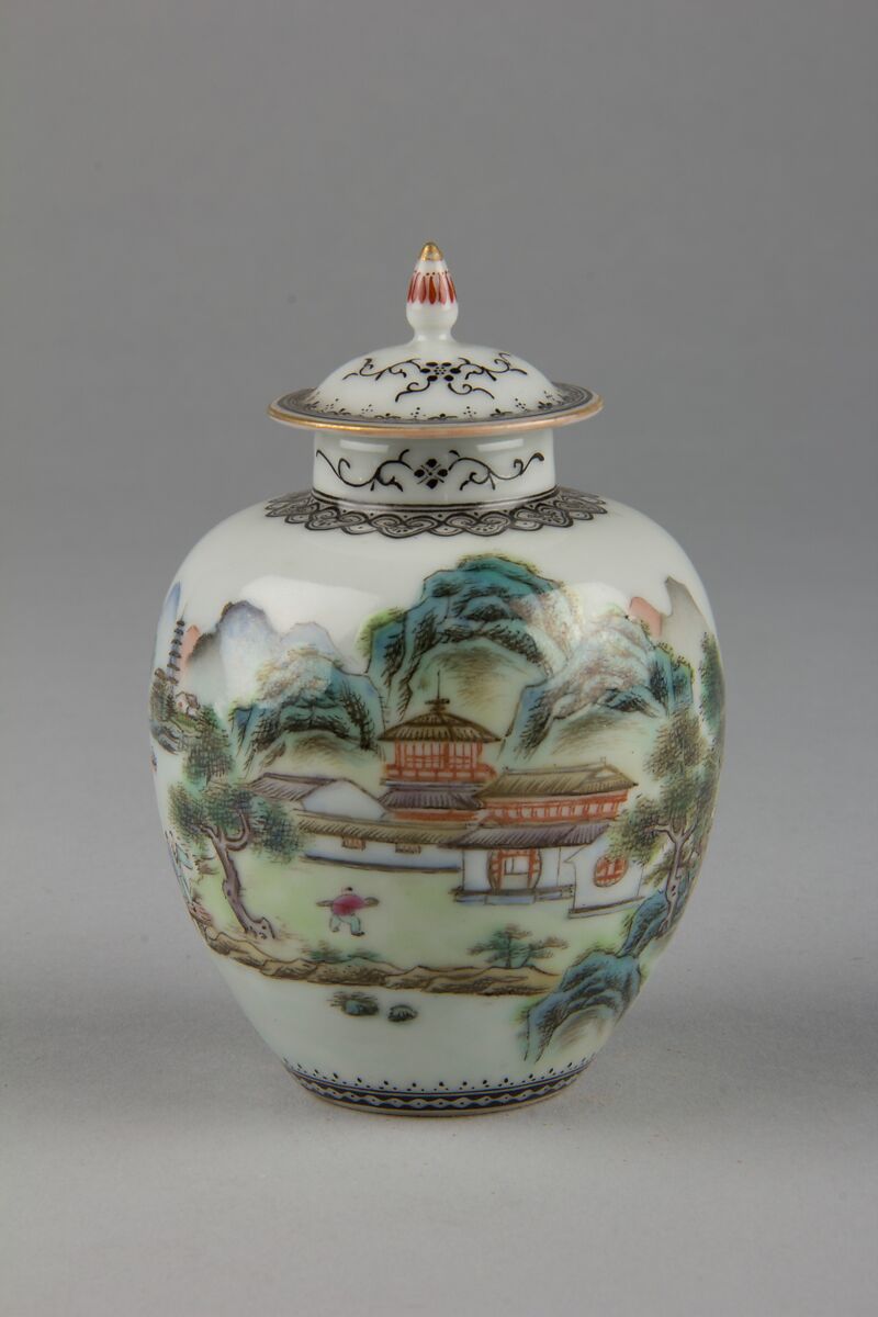 Covered jar with landscape, Porcelain painted in overglaze polychrome enamels (Jingdezhen ware), China