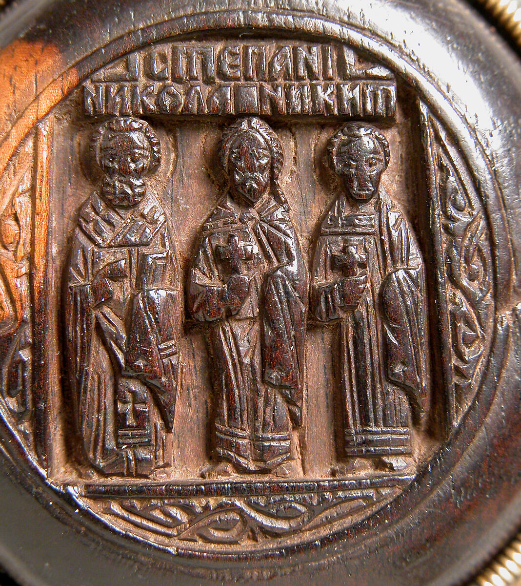 Panagiarion with the Virgin and Child and the Three Angels at Mamre (interior) and the Crucifixion and Three Church Fathers (exterior), Wood, stained, silver-gilt, pearls and garnet, Russian