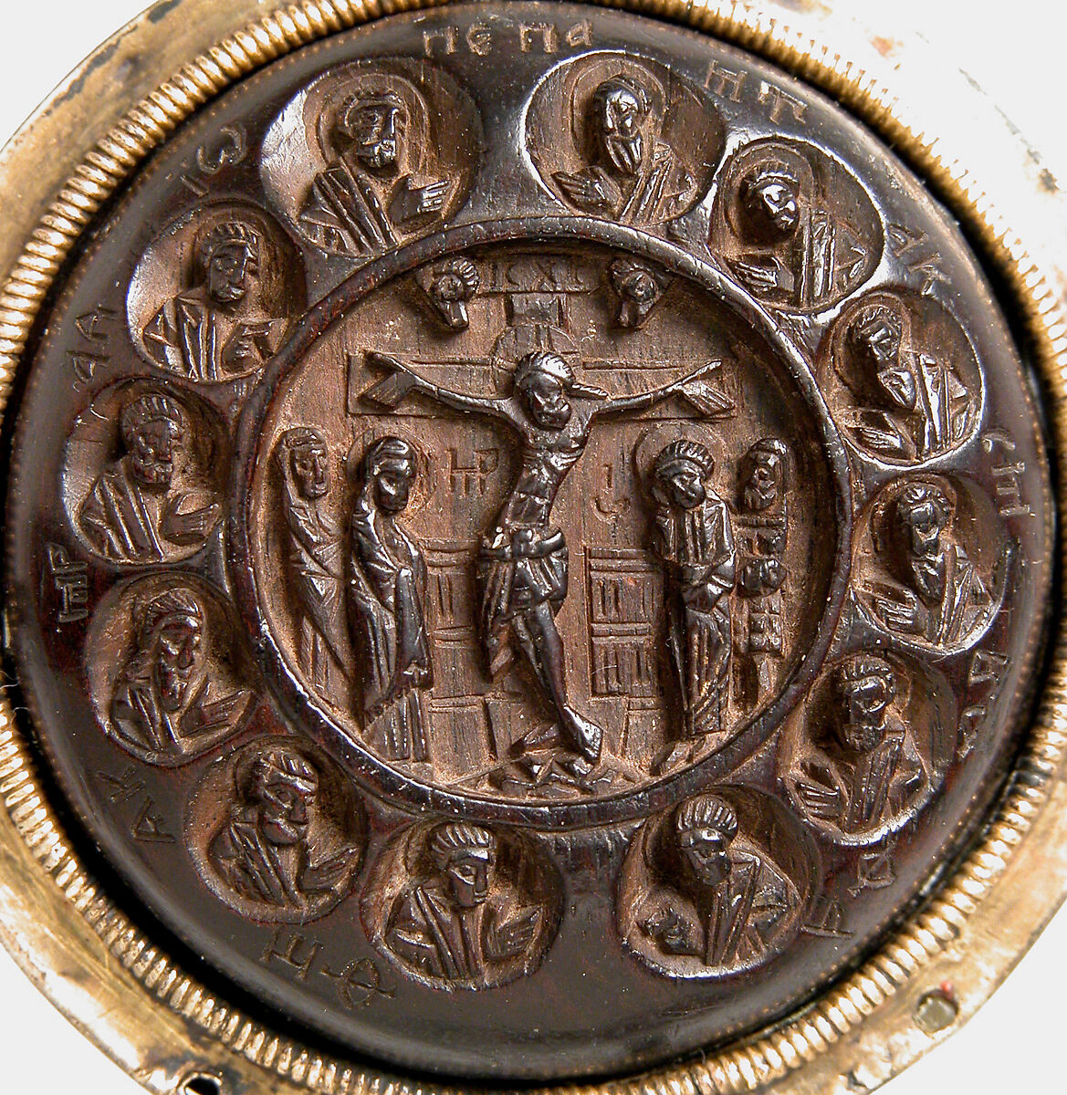 Panagiarion with the Virgin and Child and the Three Angels at Mamre (interior) and the Crucifixion and Three Church Fathers (exterior), Wood, stained, silver-gilt, pearls and garnet, Russian