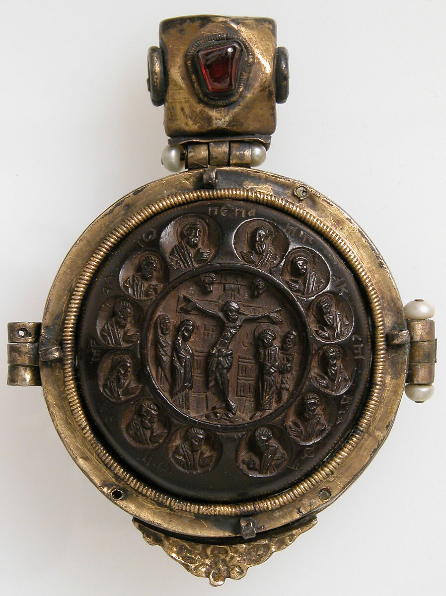 Panagiarion with the Virgin and Child and the Three Angels at Mamre (interior) and the Crucifixion and Three Church Fathers (exterior), Wood, stained, silver-gilt, pearls and garnet, Russian