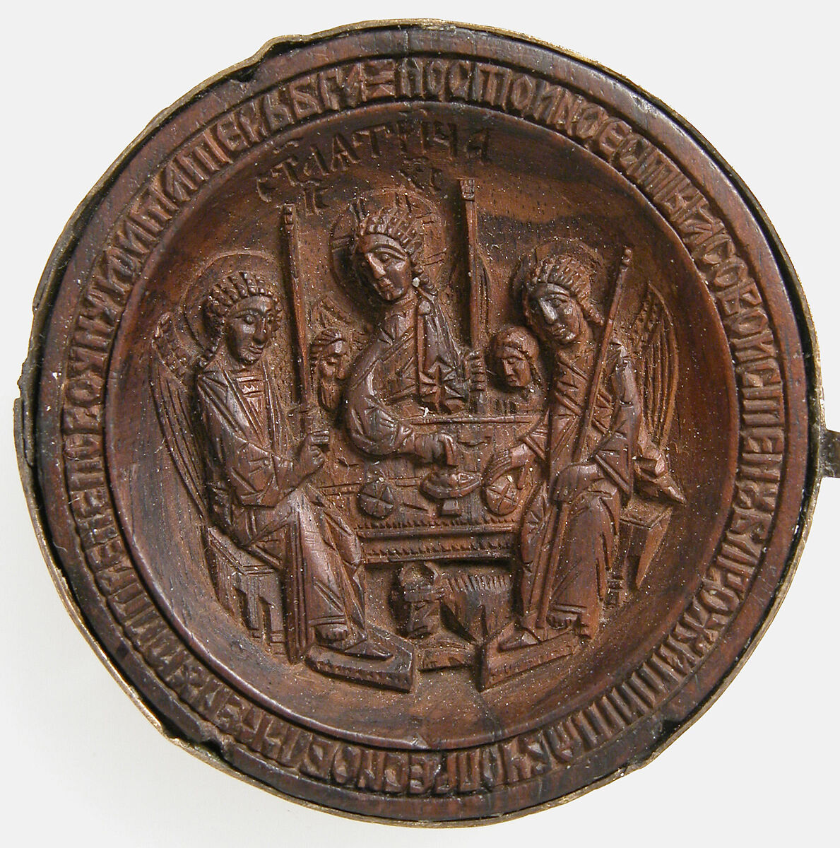 Panagiarion with the Virgin and Child and the Three Angels at Mamre (interior) and the Crucifixion and Three Church Fathers (exterior), Wood, stained, silver-gilt, pearls and garnet, Russian