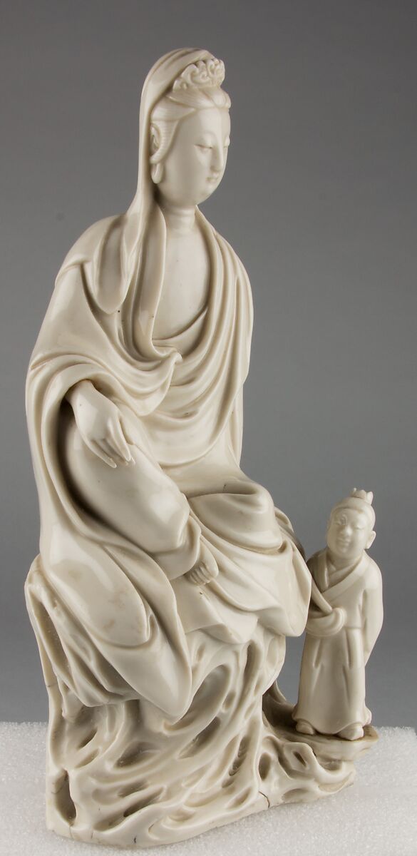 Seated bodhisattva Guanyin with an attendant, Porcelain with ivory glaze (Dehua ware), China
